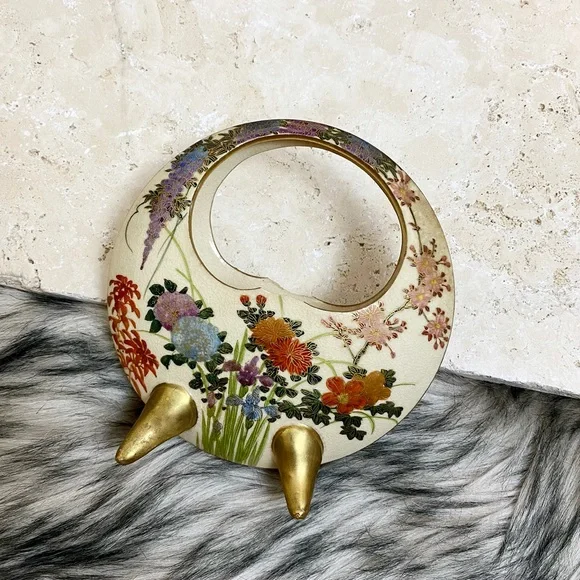 Antique Porcelain Japanese Satsuma Moon Vase Hand Painted Filigree Floral Bamboo - Picture 3 of 7